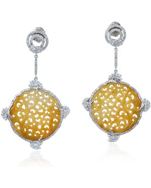 Artisan 18K Carved Jade, Sapphire & Diamond Drop Earrings - Metallic