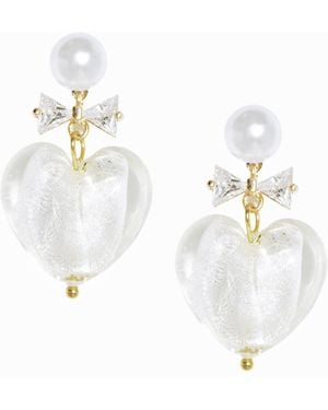 I'MMANY LONDON Whisper Of Heart Lampwork Glass Heart Drop Earrings With Pearl Studs And Crystal Bow, Clear - Metallic
