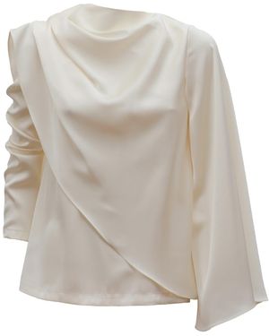Julia Allert Neutrals Draped Satin Blouse With Asymmetrical Sleeve Ivory - Gray