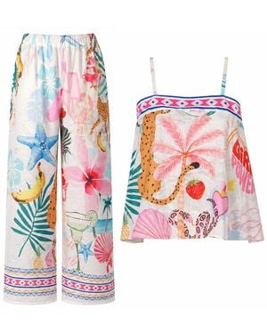 LOVEIST STORE Nancy Illustrated Tropical Camisole & Wide-Leg Trouser Co-Ord Set - Red