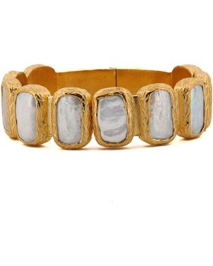 Ebru Jewelry Golden Aura Elegant Pearl Stone Cuff Bracelet - Brown