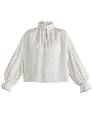 Paisie Ruffle Neck Lyocell Blouse With Smocked Cuffs - White