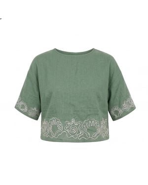 Raffya Milly Embroidered Split Open Back Blouse - Green