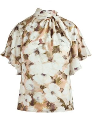 Santorelli Neutrals Joyce Mock Neck Blouse With Short Cape Sleeves - Metallic