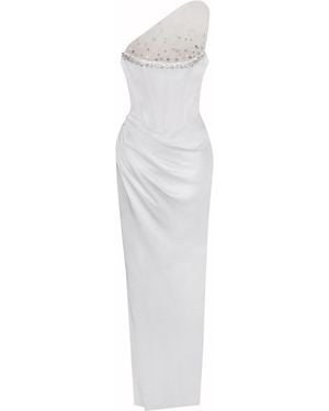 Miss Circle New York Lora Crystal Embellished Mesh Satin Corset Gown - White
