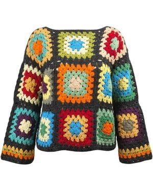 Ana Chic Charcoal Trim Granny Square Handmade Crochet Jumper - Blue