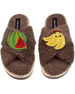 Laines London Neutrals Laines Boucle Slippers With Laines Loveables Watermelon & Banana Brooches - Orange