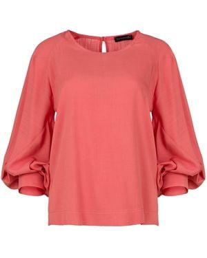 Conquista Coral Linen Top With Bishop Sleeves - Red