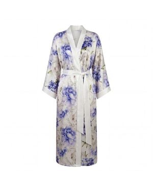 Vimissia Peony Allure Long Silk Kimono Style Robe - Blue
