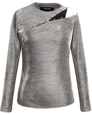 Smart and Joy Asymmetric One Off-Shoulder Shiny Top - Grey
