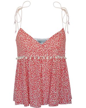 2KStyle Jean Pom-Pom Embellished Printed Viscose Camisole Top - Red