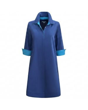Perlavera Blake Ash Solid Satin Cotton Three Quarter Sleeve Length Missy Fit Midi Dress - Blue