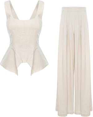 BLUZAT Cream Linen-Style Set With Wide Legs - White