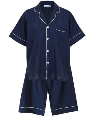 Luna Luz Le Blanc Textured Cotton Short-Sleeve Pyjama Set – - Blue