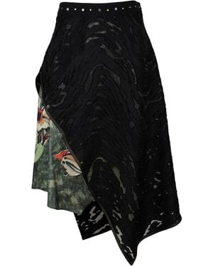 Lalipop Design Asymmetric Burnout & Floral Appliqué Midi Skirt - Black