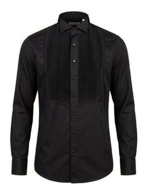 Ron Tomson Pure Cotton Pleated Wing Tip Collar Shirt - Black