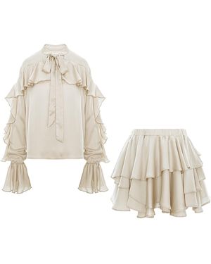 BLUZAT Set With V Neck Shirt & Ruffle Skirt - White
