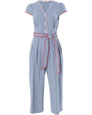 Louche Marleen Gingham Ric Rac Trim Cropped Jumpsuit - Blue