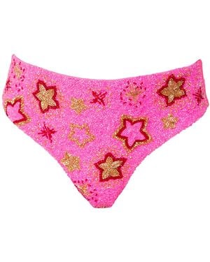 Self-Adore Celeste Hand-Beaded Embellished High-Waisted Bikini Bottom - Pink
