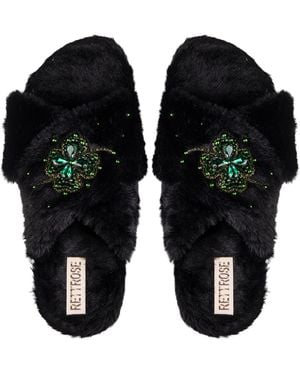 Rettrose Emma Luxury Plush Diamanté Embellished Handmade Slipper - Black