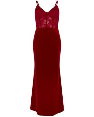 Sour Figs Sheer Lace Corset Velvet Maxi Dress - Red