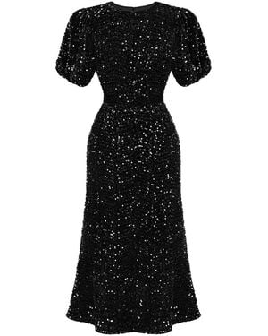 POST MERIDIEM Sequin Decorated Velvet Puff Sleeve Midi Dress - Black