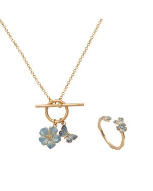 Fable England Forget Me Not Ring & Butterfly & Flower Necklace Set - Metallic