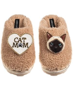 Laines London Neutrals Teddy Closed Toe Slippers With Cat Mum Mom & Siamese Cat Brooches - Metallic