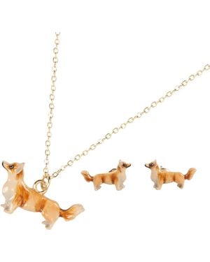 Fable England Enamel Corgi Earrings, Enamel Corgi Necklace - Metallic