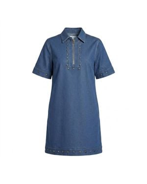 Modenaire Studded Denim Mini Dress Half Zip - Blue