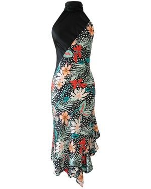 Solgo Atelier Yera Sleevless Floral Printed Silk Midi Dress With Contrasting Gathered Mock Neck And Stylized Side Ruffle Slit - Blue