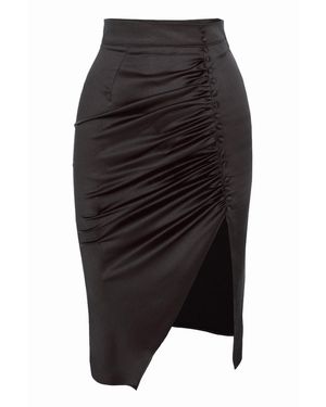 AVENUE No.29 Ruched Side Midi Skirt With Button Detail - Black