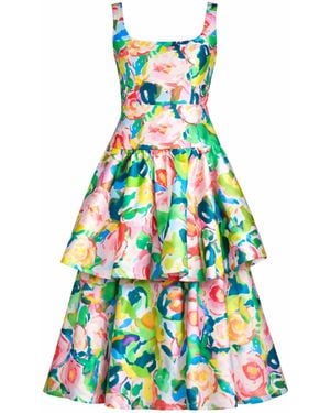 Mac Duggal Floral Tiered Square Neck Midi Dress - Green