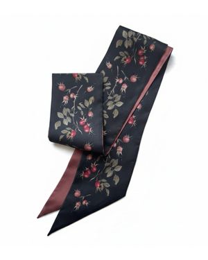 Silk&Soul Long Rosehip Motif Scarf On Dark Background - Blue