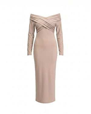 Tantra Spain Sl Neutrals Long Fitted Dress With Long Sleeves, V-Neck And Draped Detail On The Chest - Natural