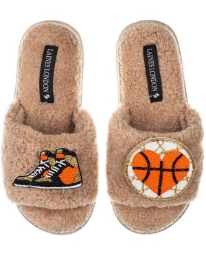 Laines London Neutrals Teddy Towelling Slipper Sliders With Basketball Lover Brooches - Orange