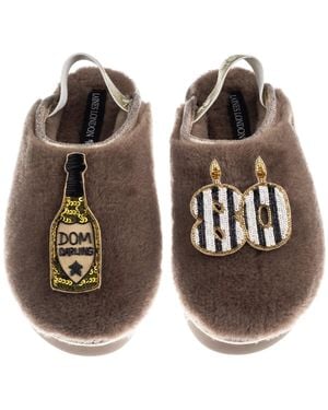 Laines London Neutrals Flatform Cloud Closed Toe Slippers With Stripe 80Th Birthday & Dom Darling Brooches - Brown