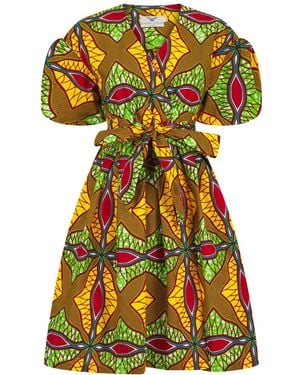 Ohema Ohene Cotton Floral Wrap Midi Dress - Yellow