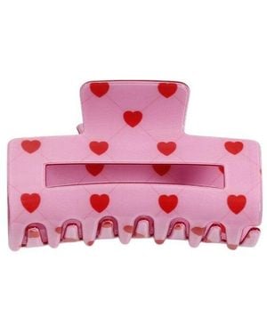 Gold Trip Patterned Hearts Rectangle Claw Clip - Pink