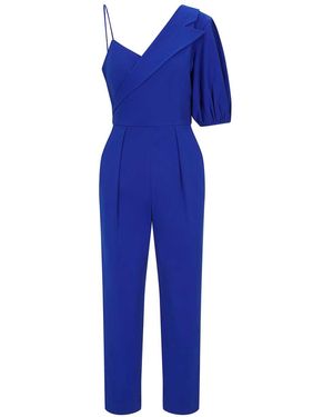 Femponiq Peak Lapel Puff Sleeve Cotton Jumpsuit - Blue