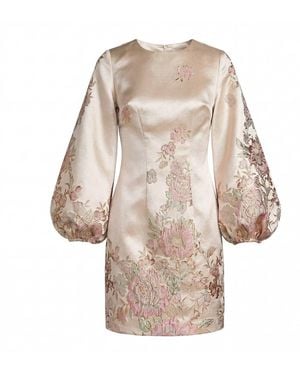 Mac Duggal Neutrals Brocade High Neck Long Sleeve Mini Dress - Natural