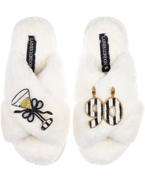 Laines London Neutrals Classic Laines Slippers With Stripe 90Th Birthday & Glass Of Champagne Brooches - White