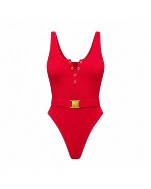 Animal Panthère Rouge One-Piece Swimsuit — Sculpting Ribbed Fabric With Waist Belt - Red