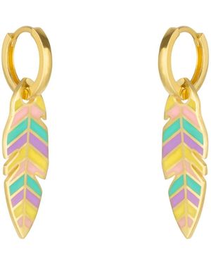Spero London Feather Leaves Enamel Hoop Earrings - Yellow