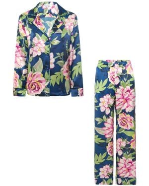 Kato Colony Peonies Silk Satin Pyjamas - Blue