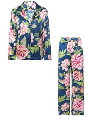 Kato Colony Peonies Silk Satin Pajamas - Blue