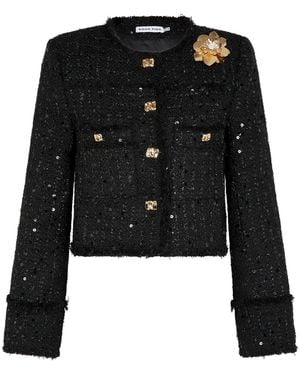 Sour Figs Sequined Brooch-Detail Bouclé Tweed Jacket - Black