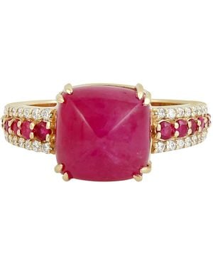 Artisan 14K Pyramid Ring With Ruby & Diamond – Bold Cocktail Design - Pink