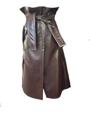 Mirimalist Sepia Leather Wrap Midi Skirt - Brown