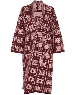 Raffya Ally Abstract Print Long Line Cardigan - Red